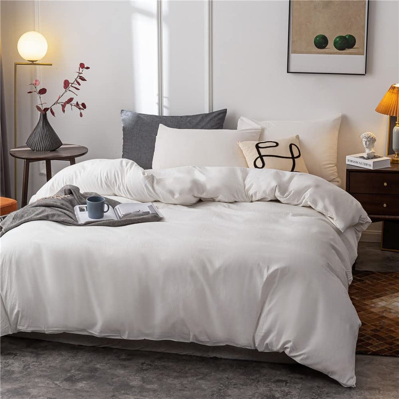Janlive Washed Cotton Duvet Cover Queen Ultra Soft 100% Cotton Solid Color White Duvet Cover Set with Zipper Closure -3 Pieces White Queen - Image 2